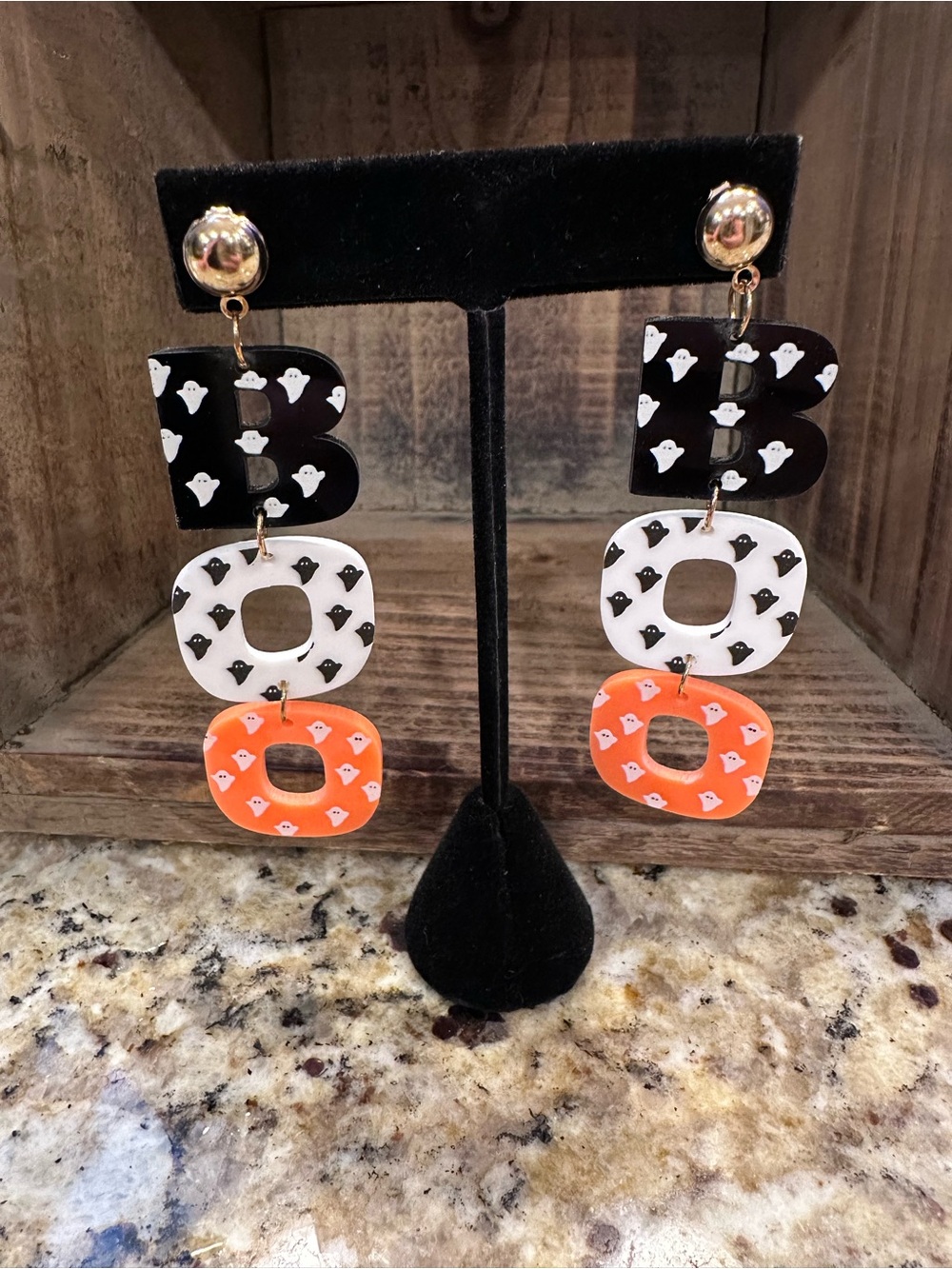 BOO Ghost Pattern Dangle Earrings - Black, White & Orange
